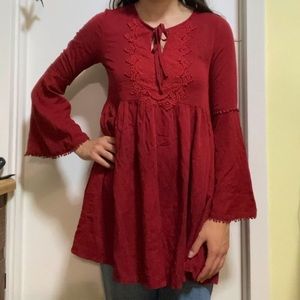 Red Peasant Tunic. Embroidered neckline-Bell Sleeves-Pom-Pom Trim.